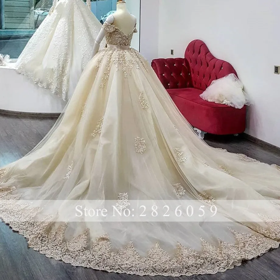 2 In 1 Boat Neck Lace Applique Vestido Floor Length Wedding Gown Dress