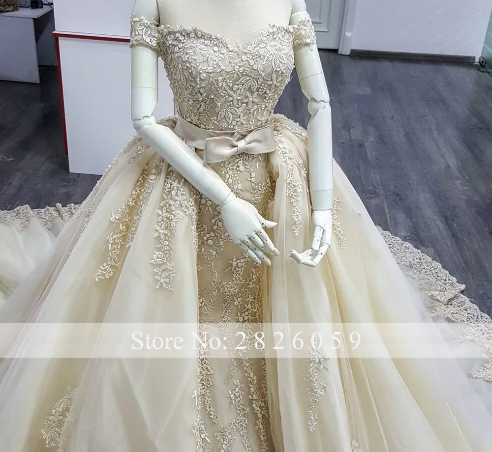 2 In 1 Boat Neck Lace Applique Vestido Floor Length Wedding Gown Dress