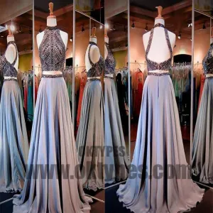 2 Pieces Rhinestone Beaded Top Satin Prom Dresses, Gorgeous Long Prom Dresses, TYP0483