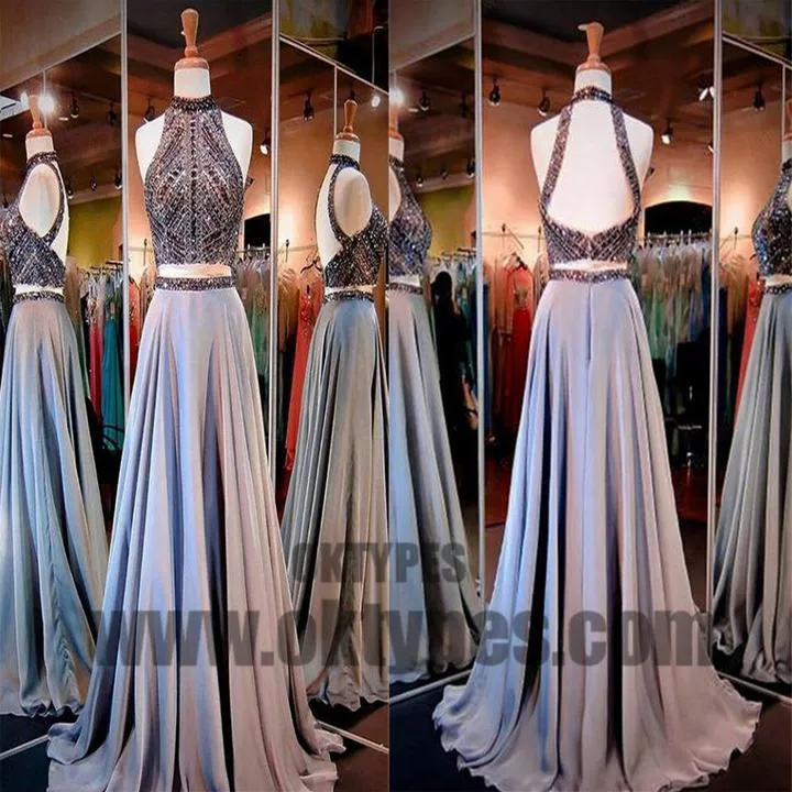 2 Pieces Rhinestone Beaded Top Satin Prom Dresses, Gorgeous Long Prom Dresses, TYP0483