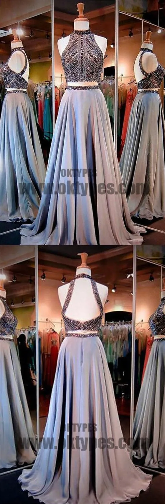 2 Pieces Rhinestone Beaded Top Satin Prom Dresses, Gorgeous Long Prom Dresses, TYP0483