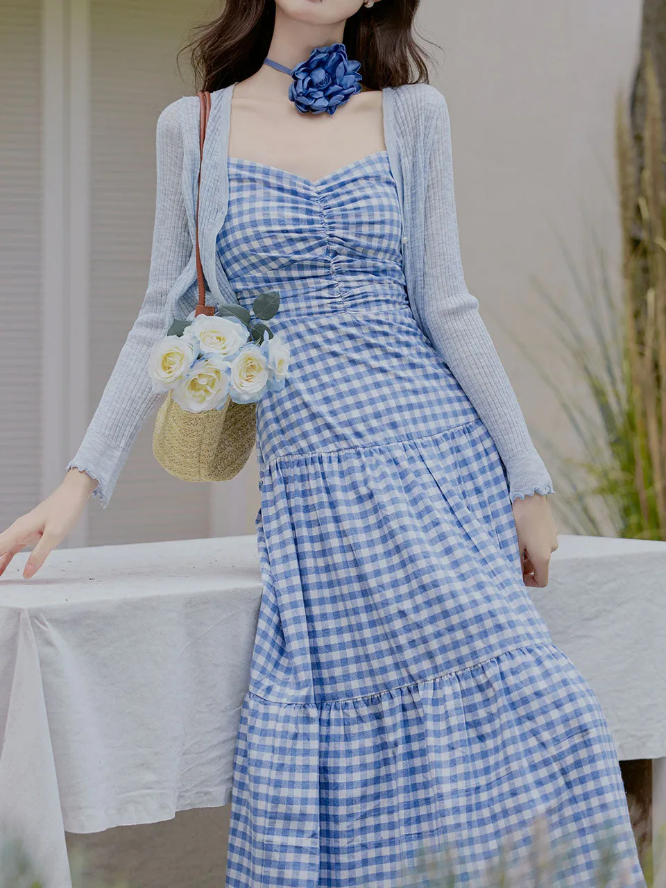 3PS Blue Plaid Spaghetti Strap Dress With Blue Shawl Dress Suit