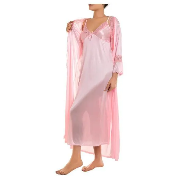 4 Piece Long Nighty Set-Pink