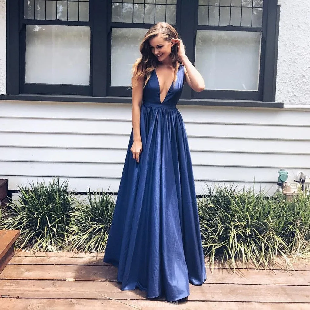 A-line Deep V-neck Sleeveless Navy Blue Long Prom Dresses, PD0681