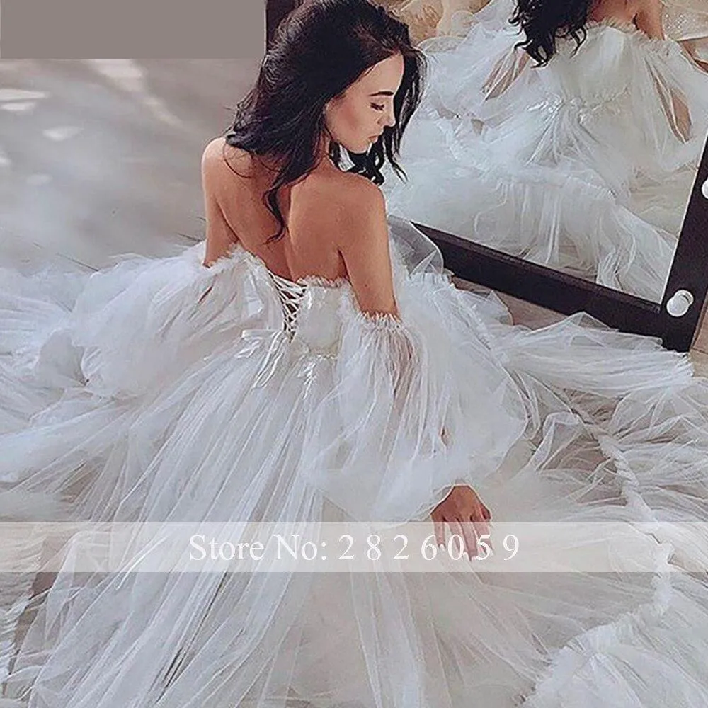 A-Line Tulle Off the Shoulder 3' and '4 Sleeves Floor Length Ruched Bridal Dress