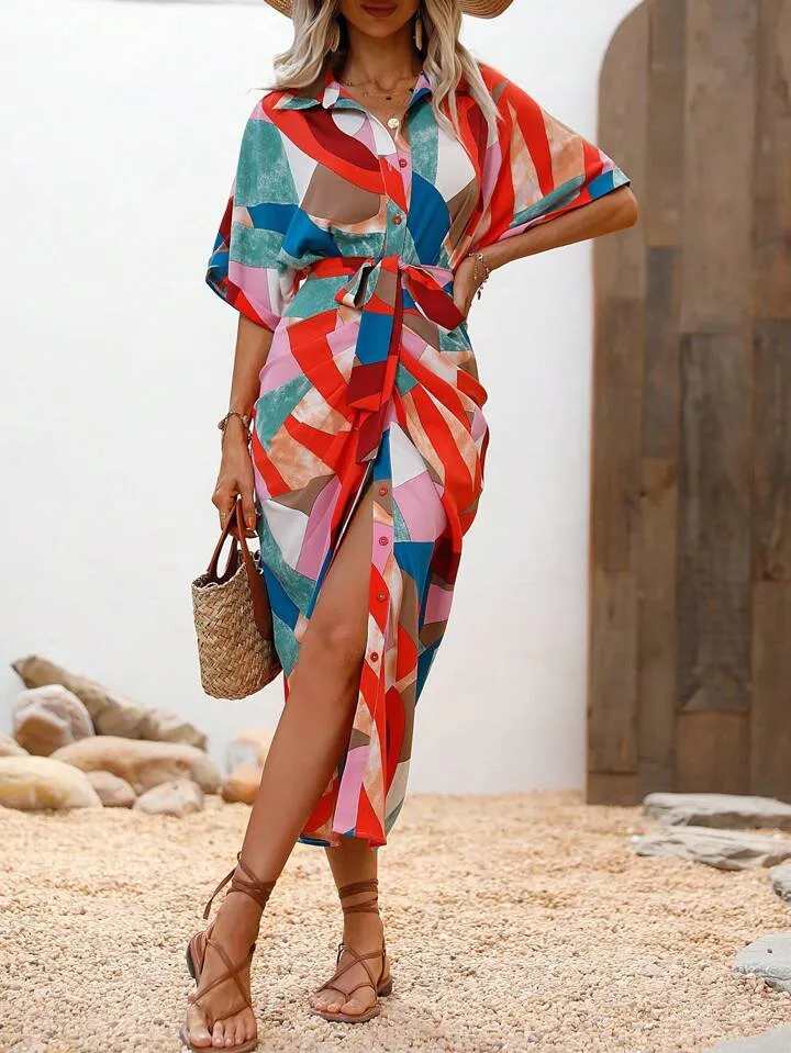 Allover print batwing sleeve belted shirt dress in multi