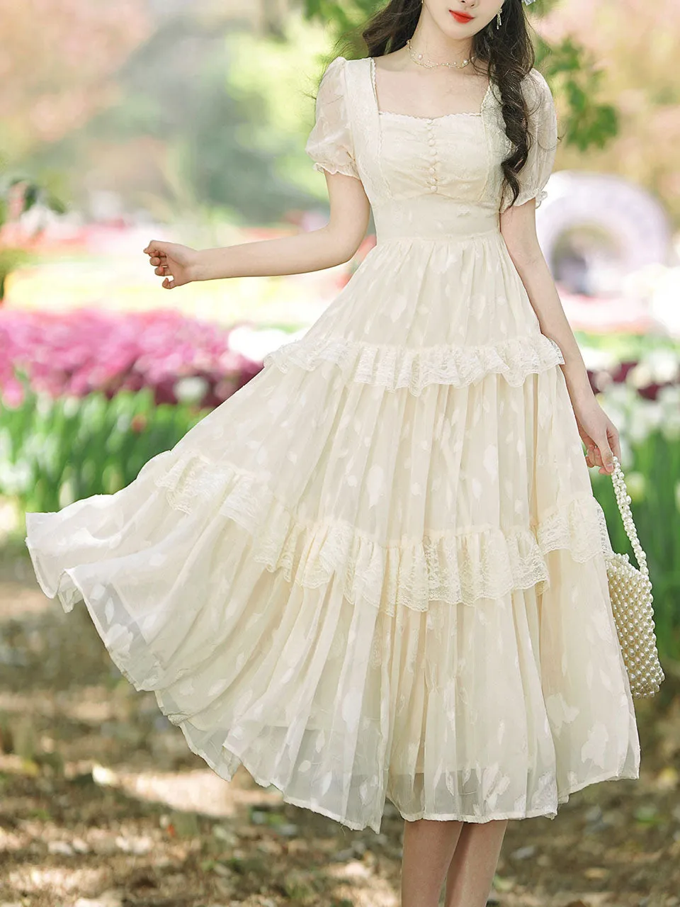 Apricot Square Neck Ruffle Short Sleeve Vintage Fairy Dress