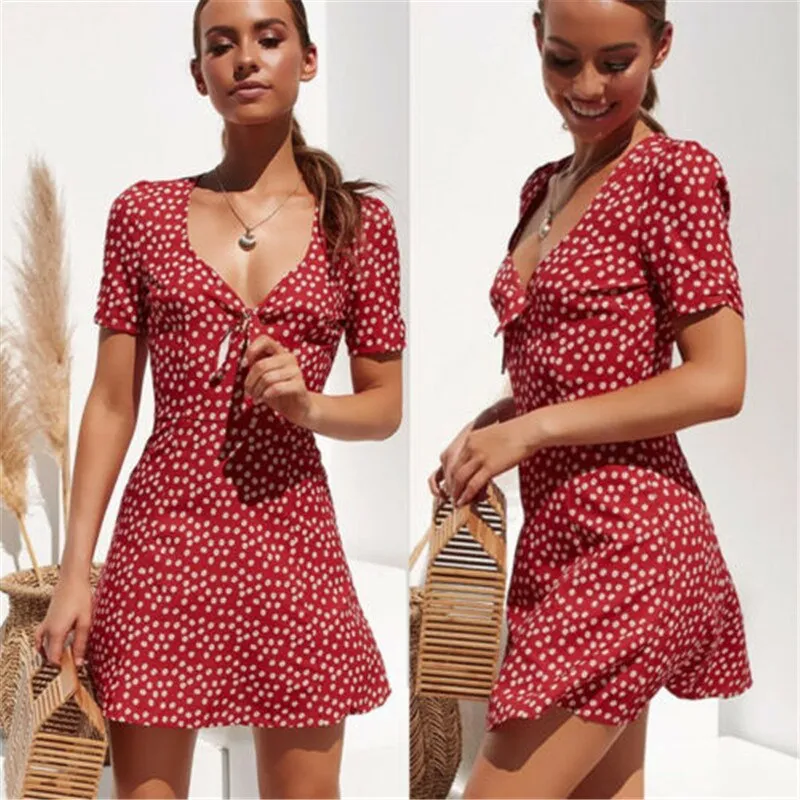 Ashore Shop Ruffles Polka Dot Dress Women Sexy V-neck Short Sleeve Boho Beach Dress Summer Fashion Mini Dress Sundress Robe