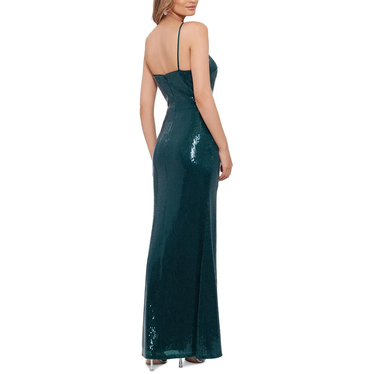 Betsy & Adam Womens Sequined Plunge Neckline Evening Dress