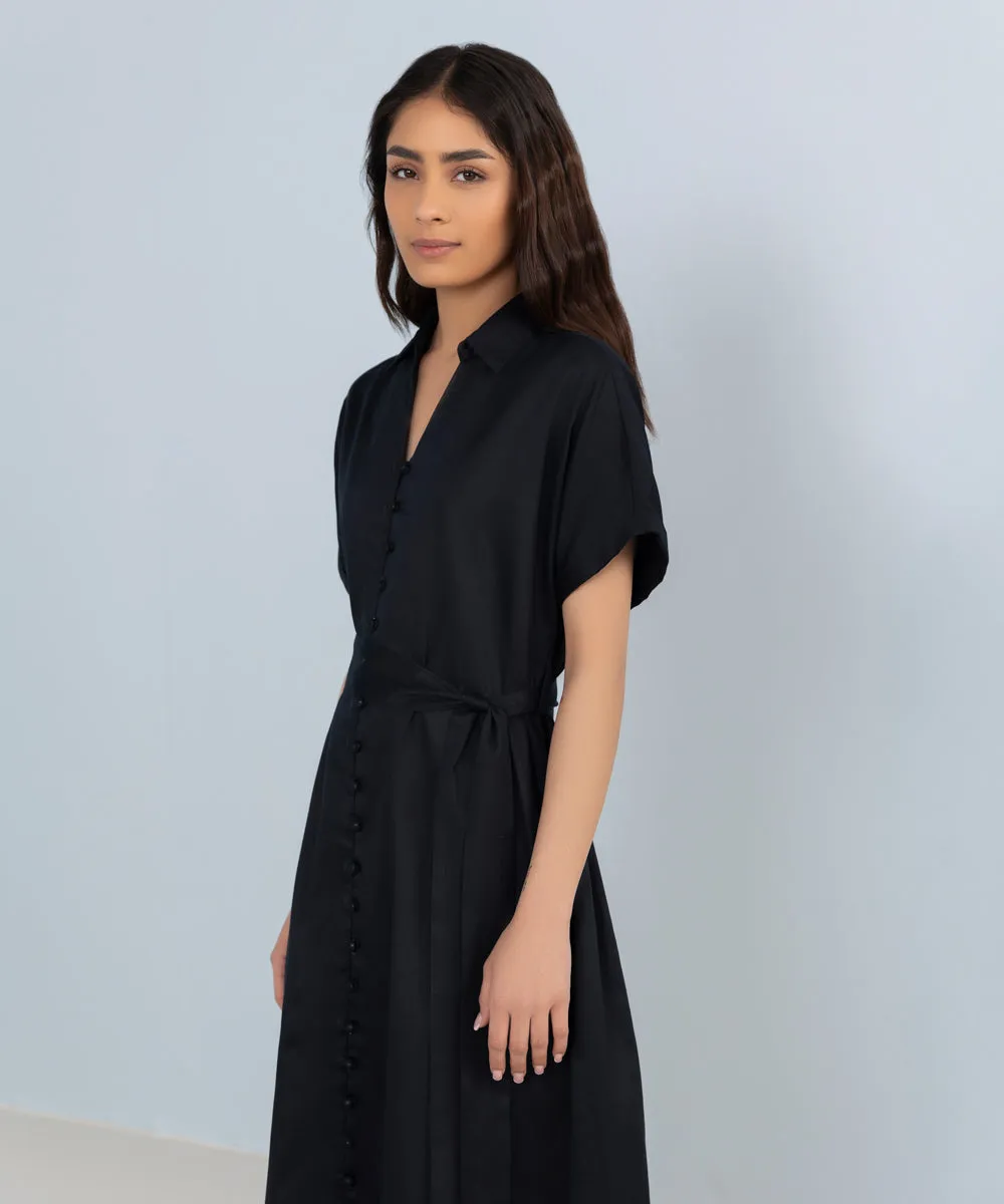 Black Cotton Dress With Belt