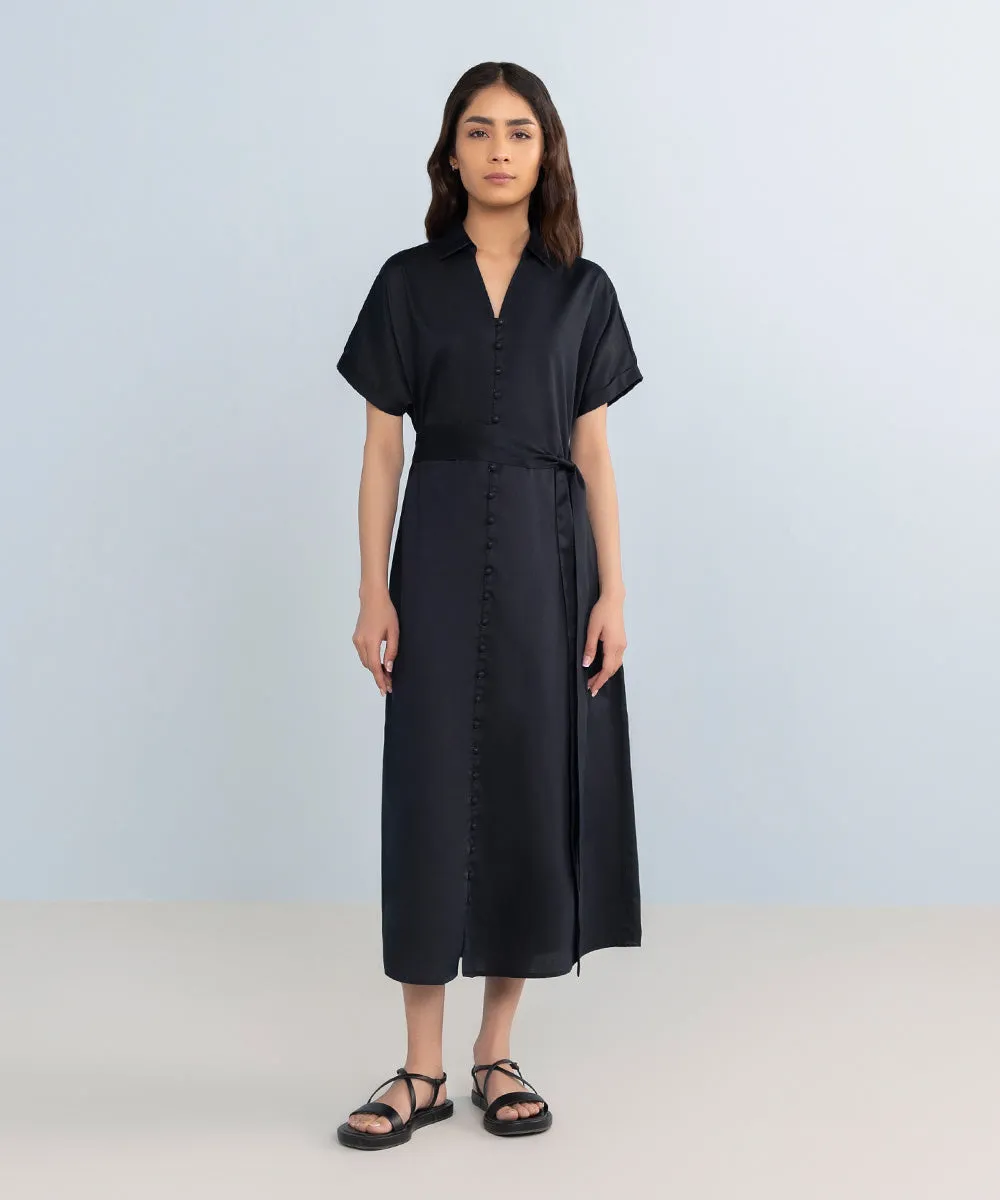 Black Cotton Dress With Belt