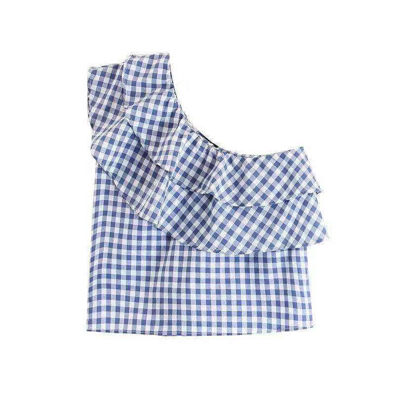 Blue & White Gingham Ruffle Top