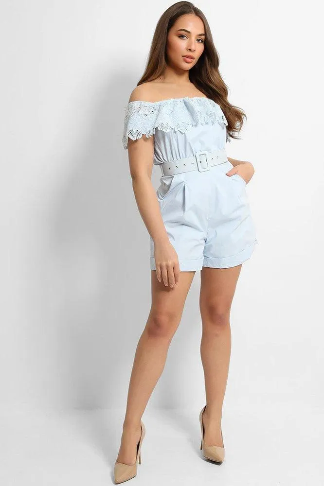 Blue Crochet Knit Off Shoulder Belted Playsuit