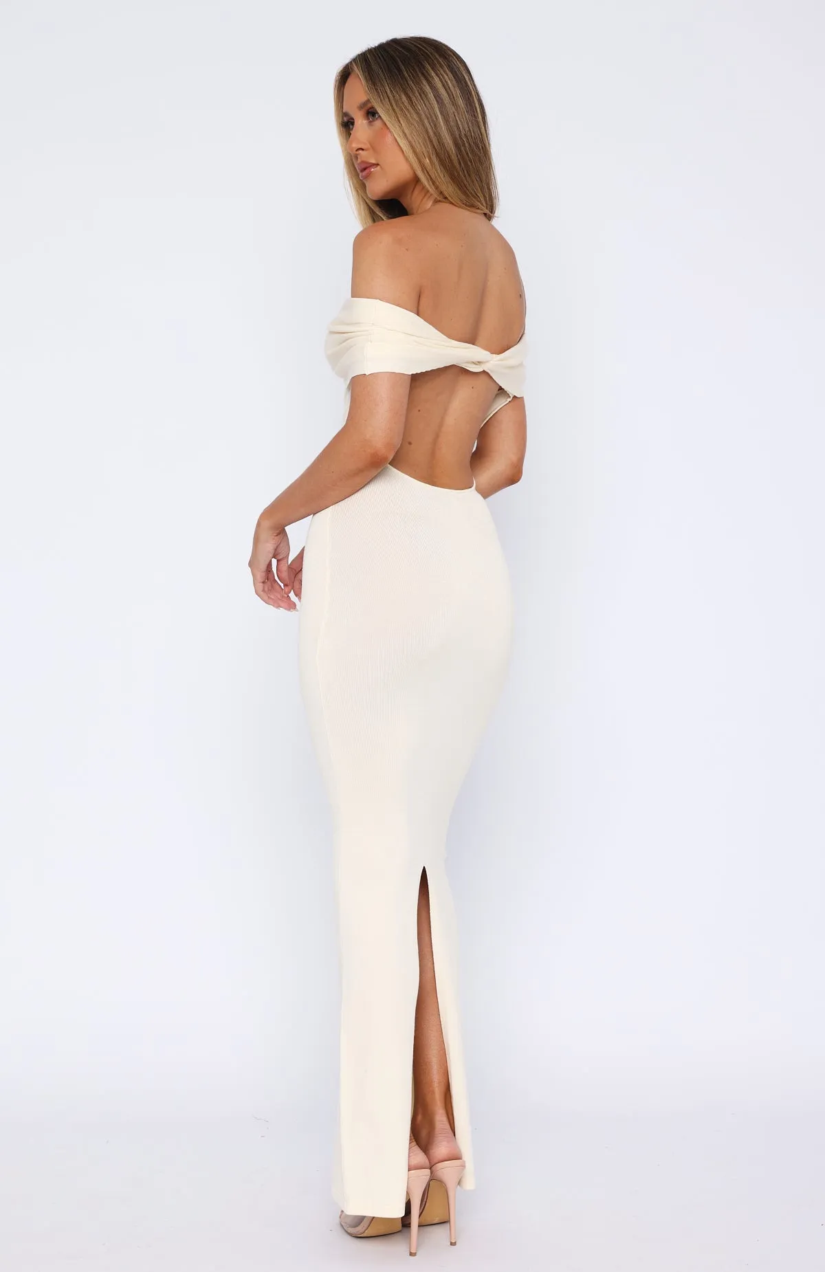 “Elegant Off-Shoulder Maxi Dress in Off White - Perfect for Special Occasions”