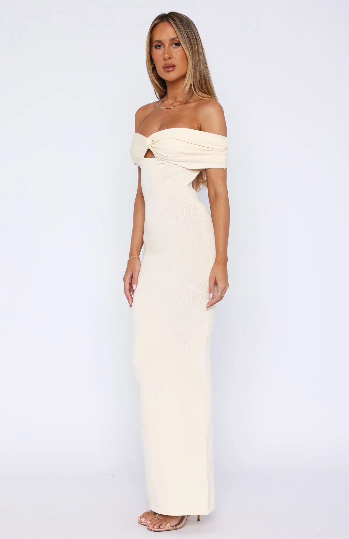 “Elegant Off-Shoulder Maxi Dress in Off White - Perfect for Special Occasions”