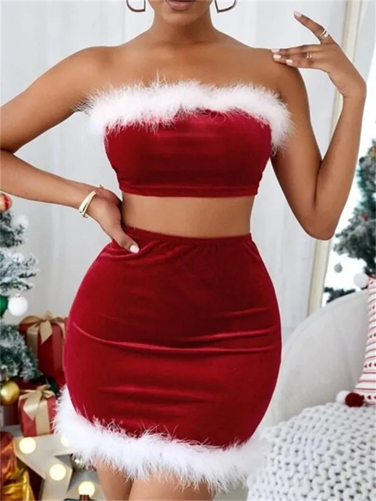 Christmas Off-Shoulder Fur 2 Pieces Set