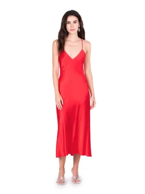 Crimson Red Open Back Cross Strap Midi Slip Dress