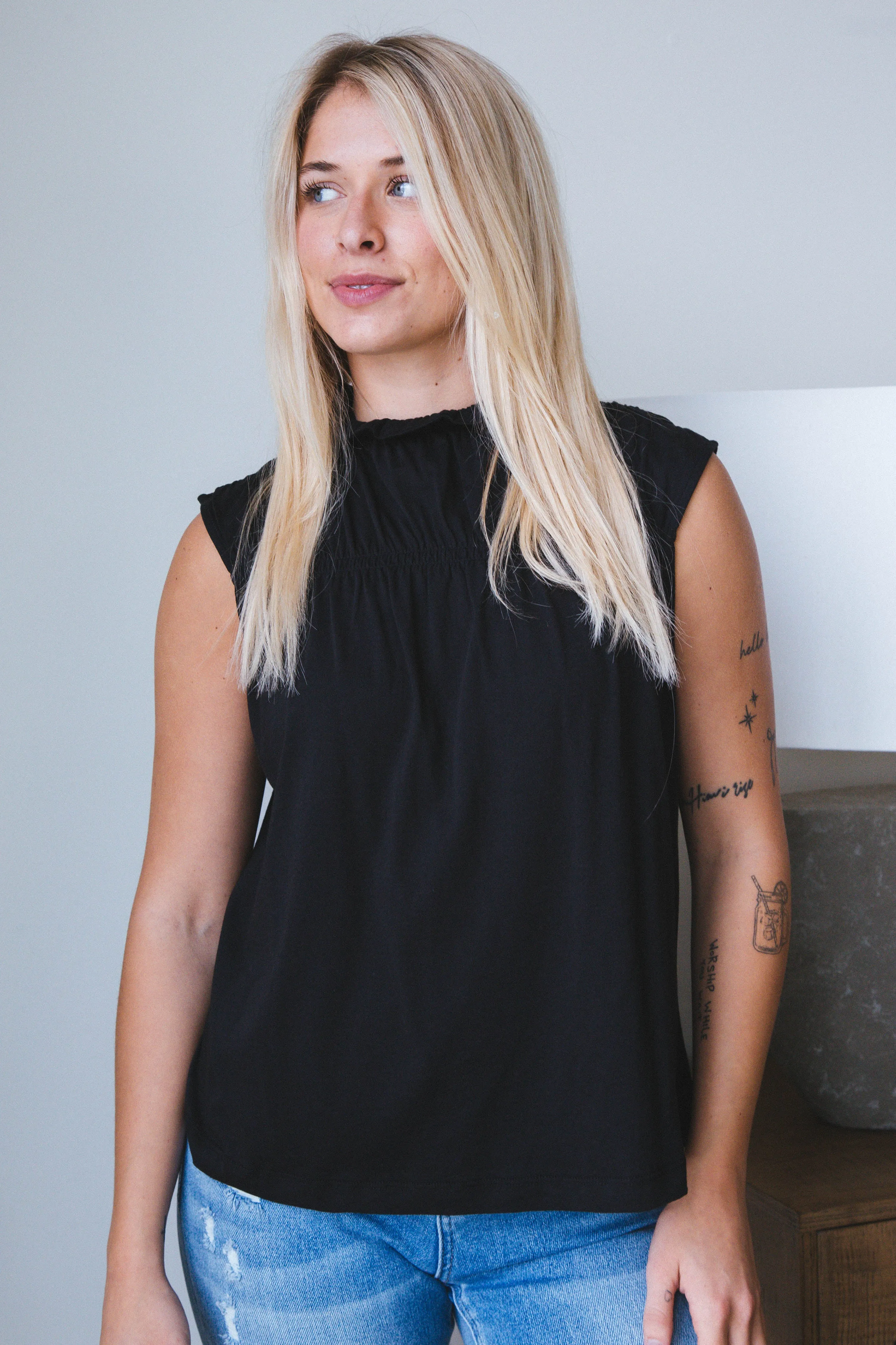 Eliza Sleeveless Shirred Top, Black | Sanctuary