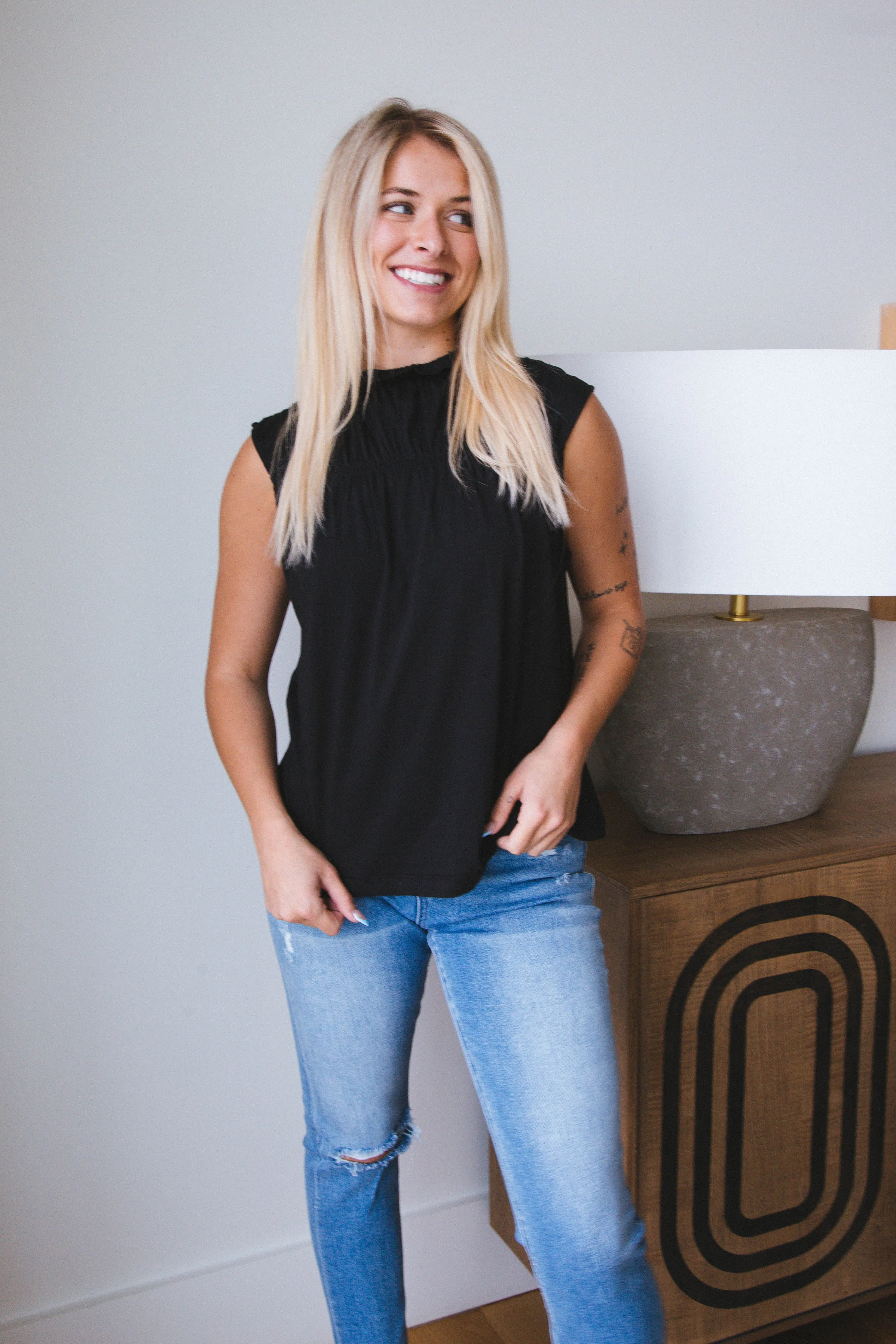 Eliza Sleeveless Shirred Top, Black | Sanctuary