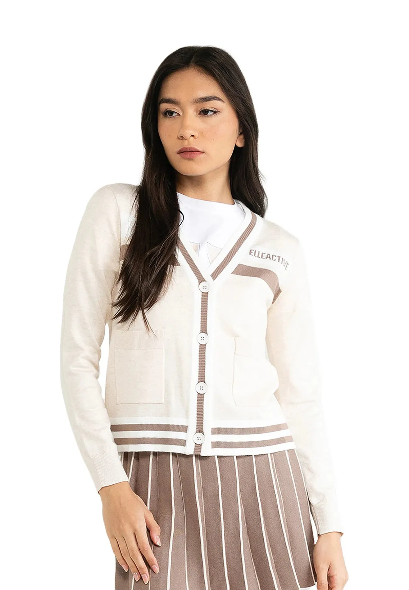 ELLE Active Active Striped Double Front Pocket Knit Cardigan