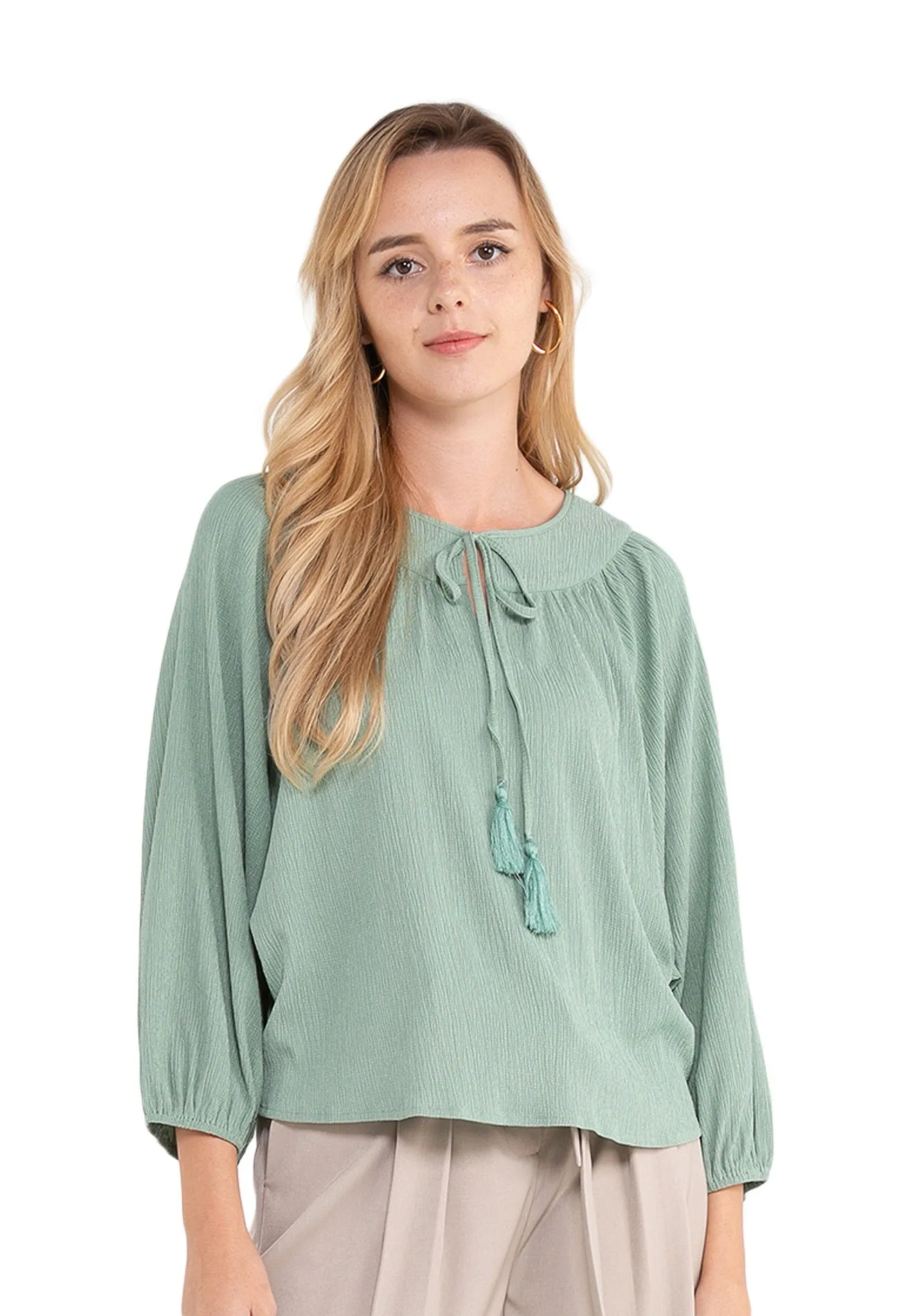 ELLE Apparel Dolman Sleeves Front Tie Blouse