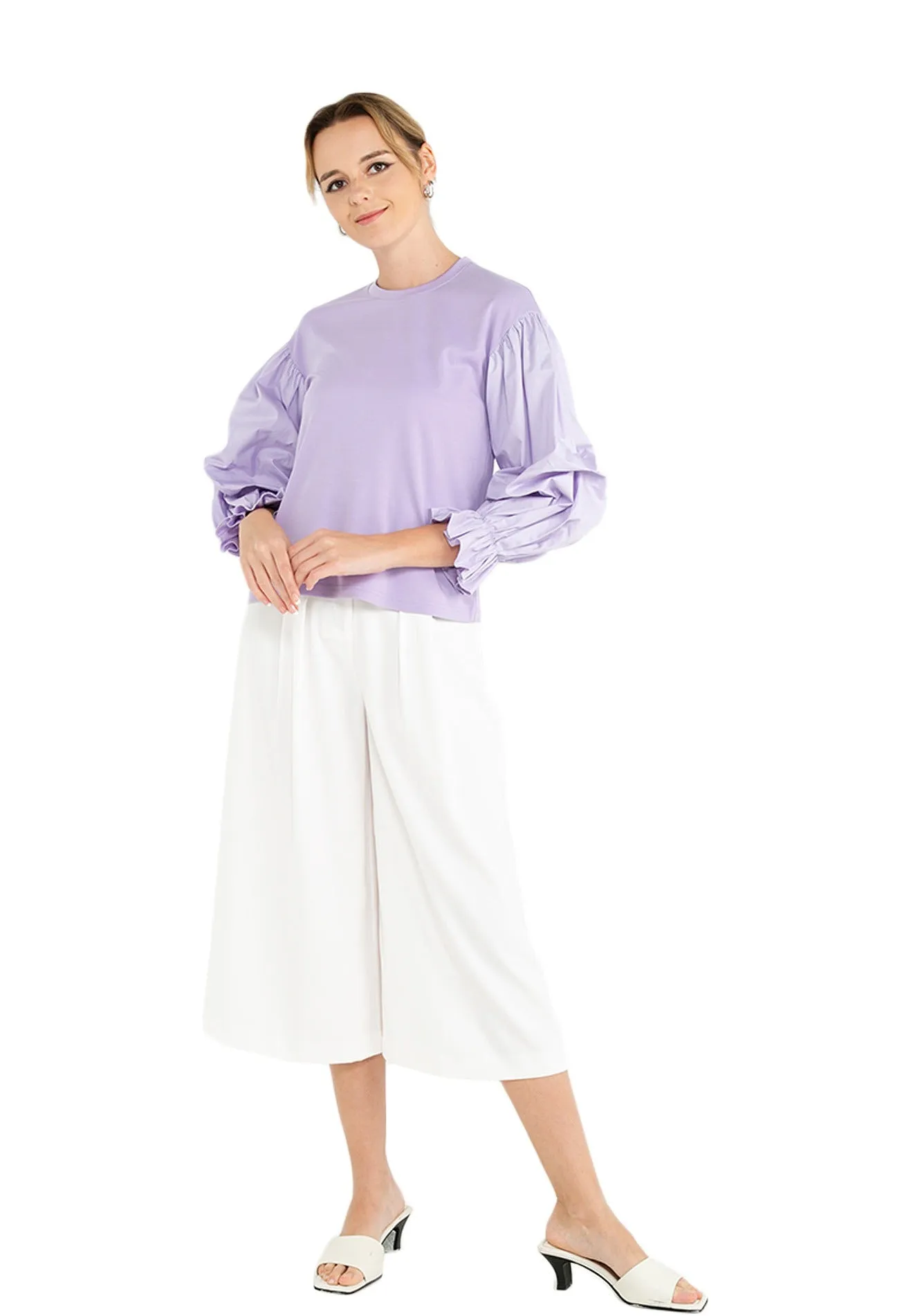 ELLE Apparel Puff Sleeves Knit And Poplin Top