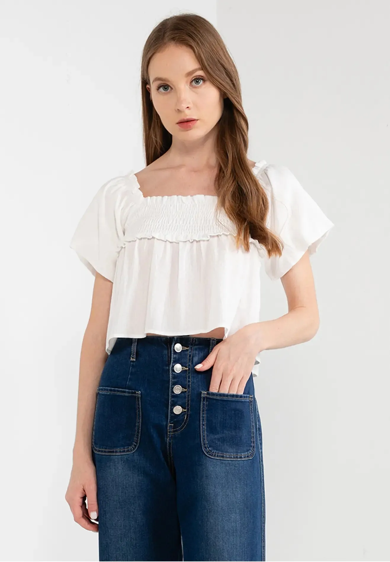 ELLE Apparel Puff Sleeves Smocked Crop Top