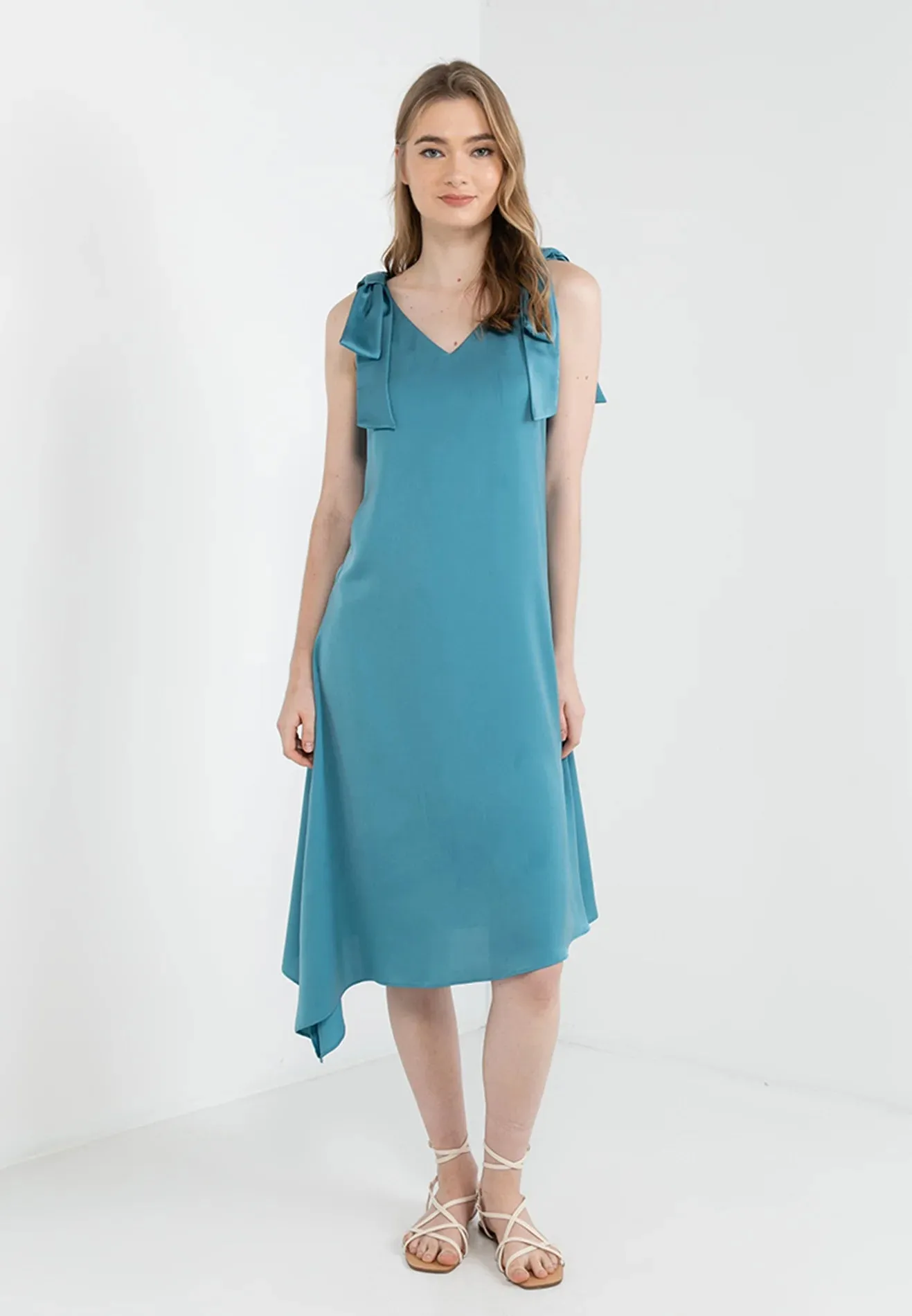 ELLE Apparel Ribbon Tie Shoulder Satin Dress