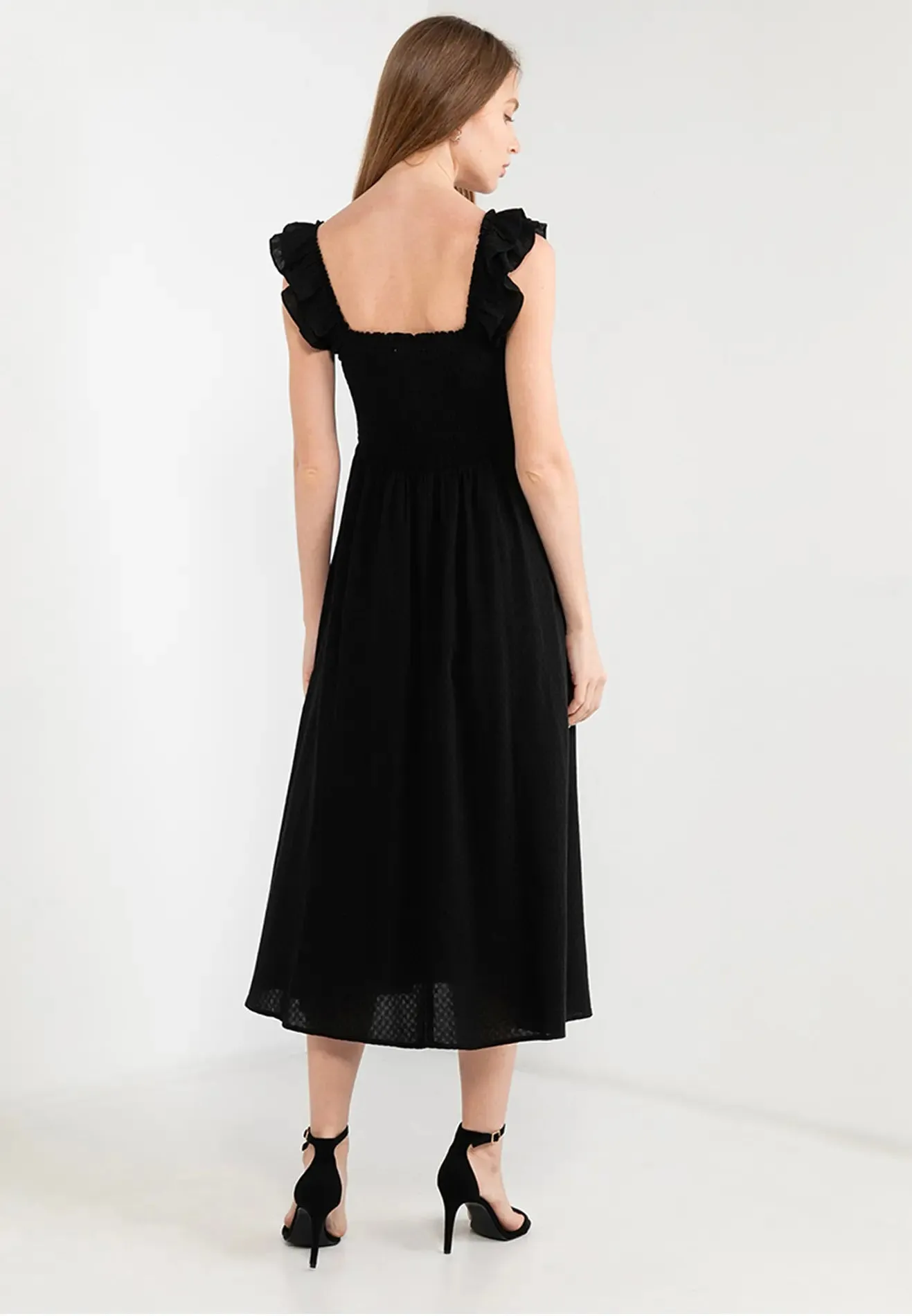 ELLE Apparel Ruffle Sleeves Square Neck Midi Dress