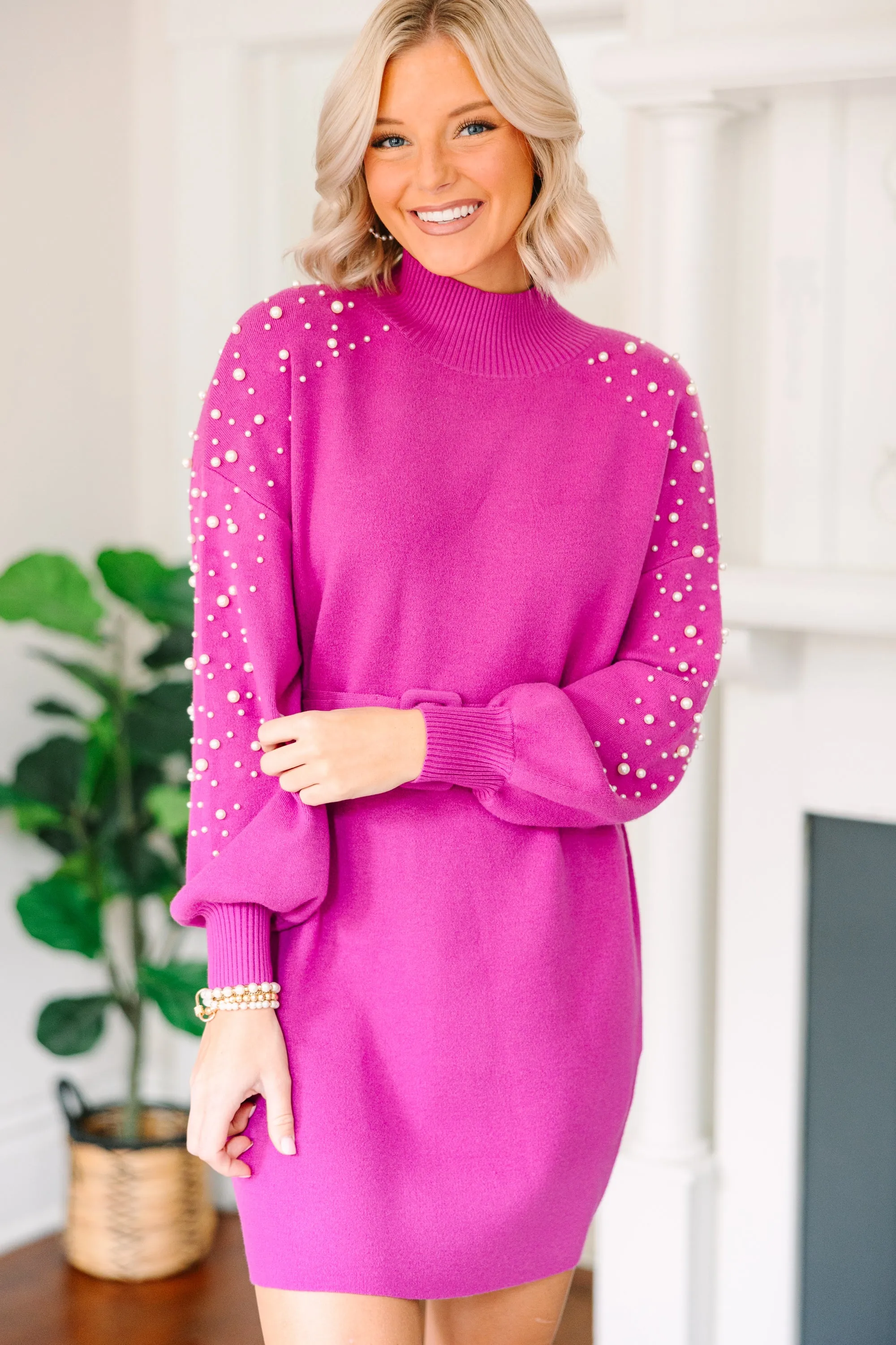 Fate: Living Is Easy Magenta Pink Embellished Sweater Dress