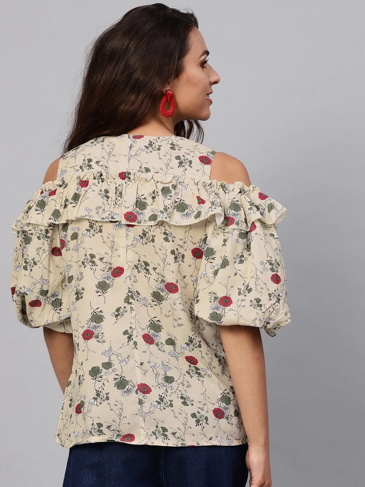 Floral Cold-Shoulder Top With Voluminous Sleeves