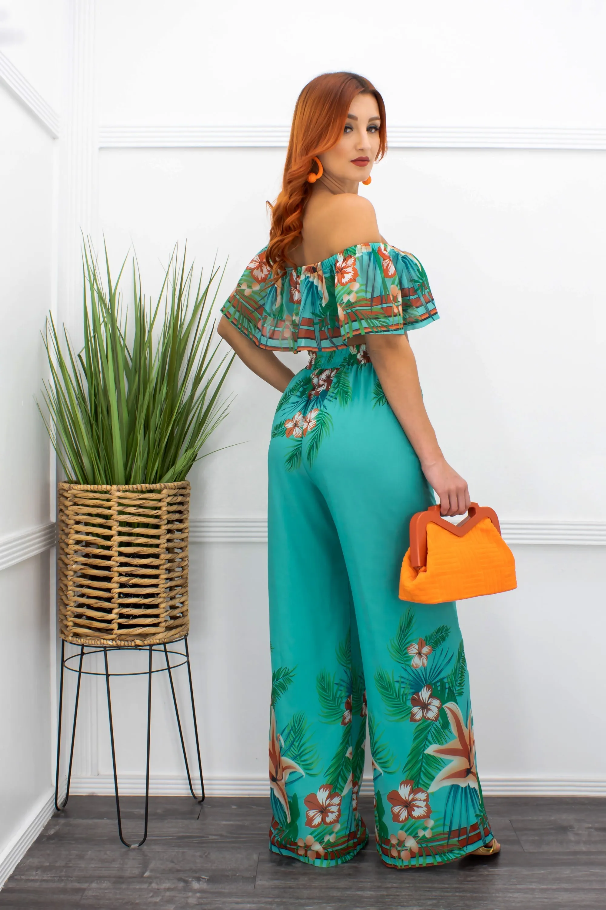 Floral Off Shoulder Crop Top Wide Leg Pant Set