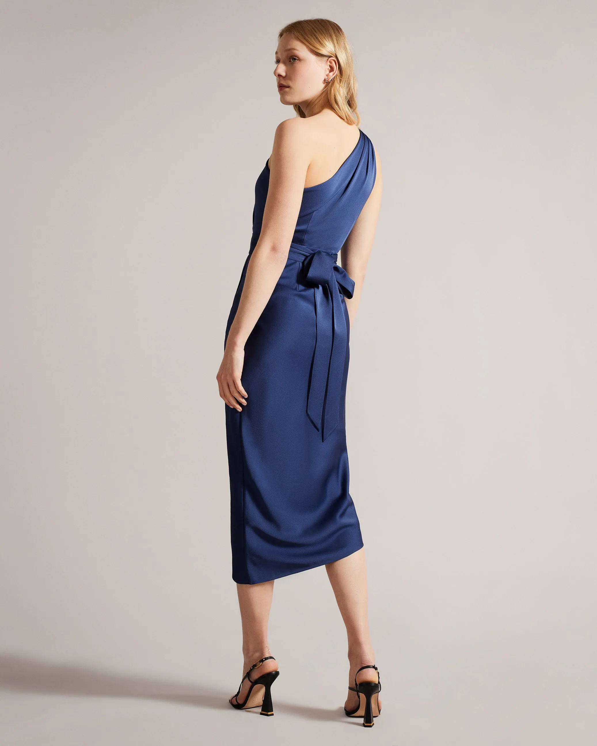 Gabie One Shoulder Drape Midi Dress Dk-Blue