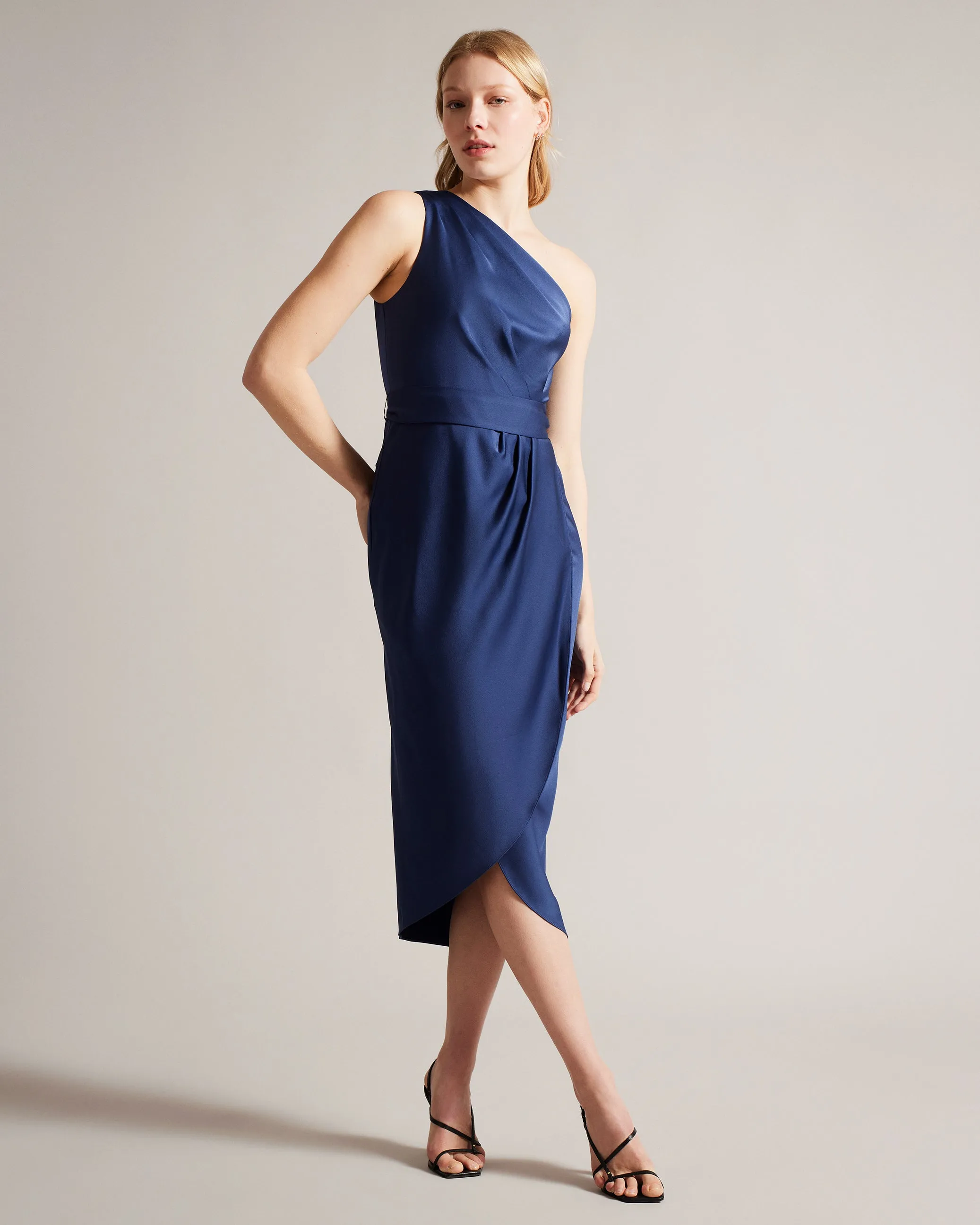 Gabie One Shoulder Drape Midi Dress Dk-Blue