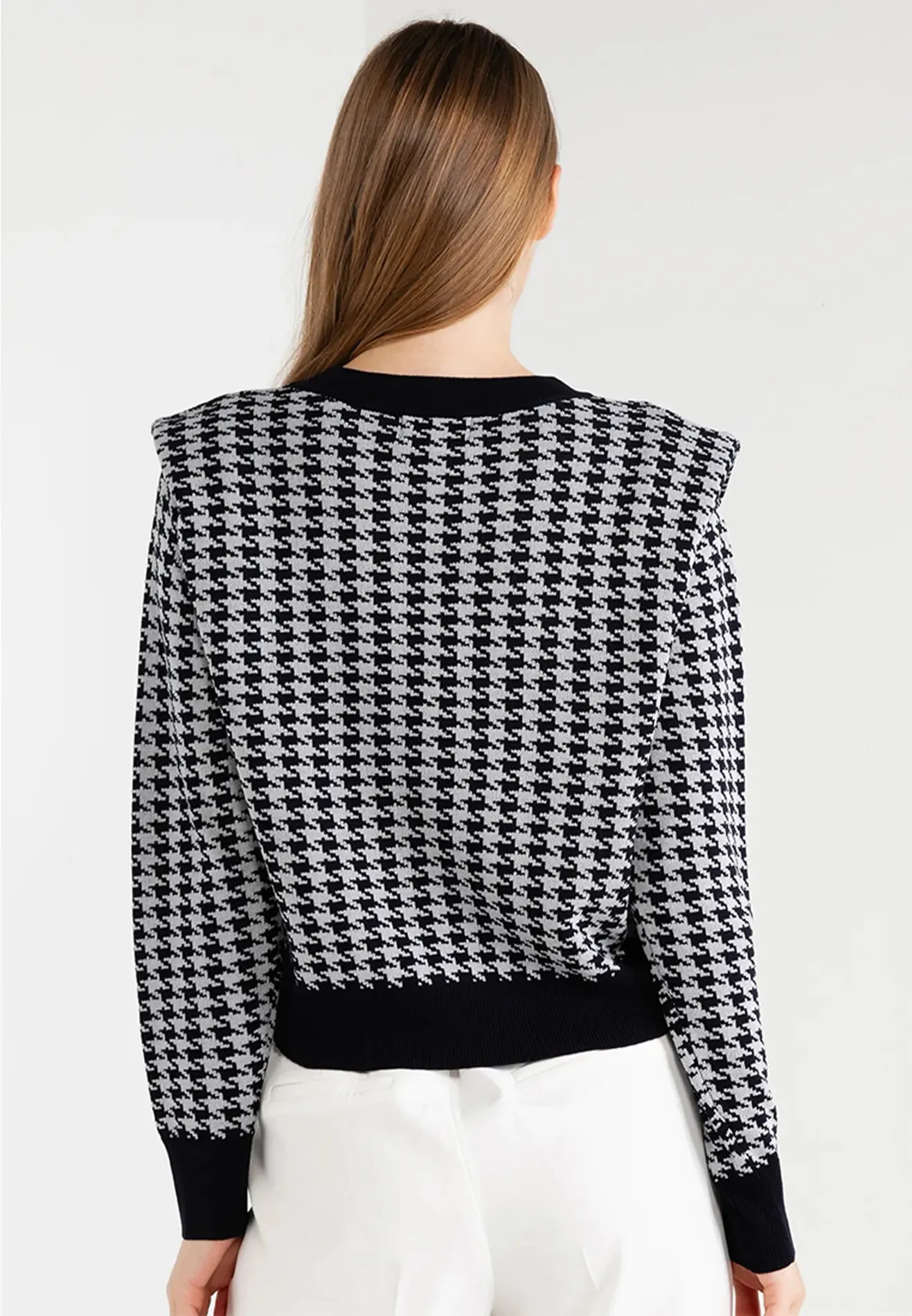 Houndstooth Shoulder Padded Knit Top