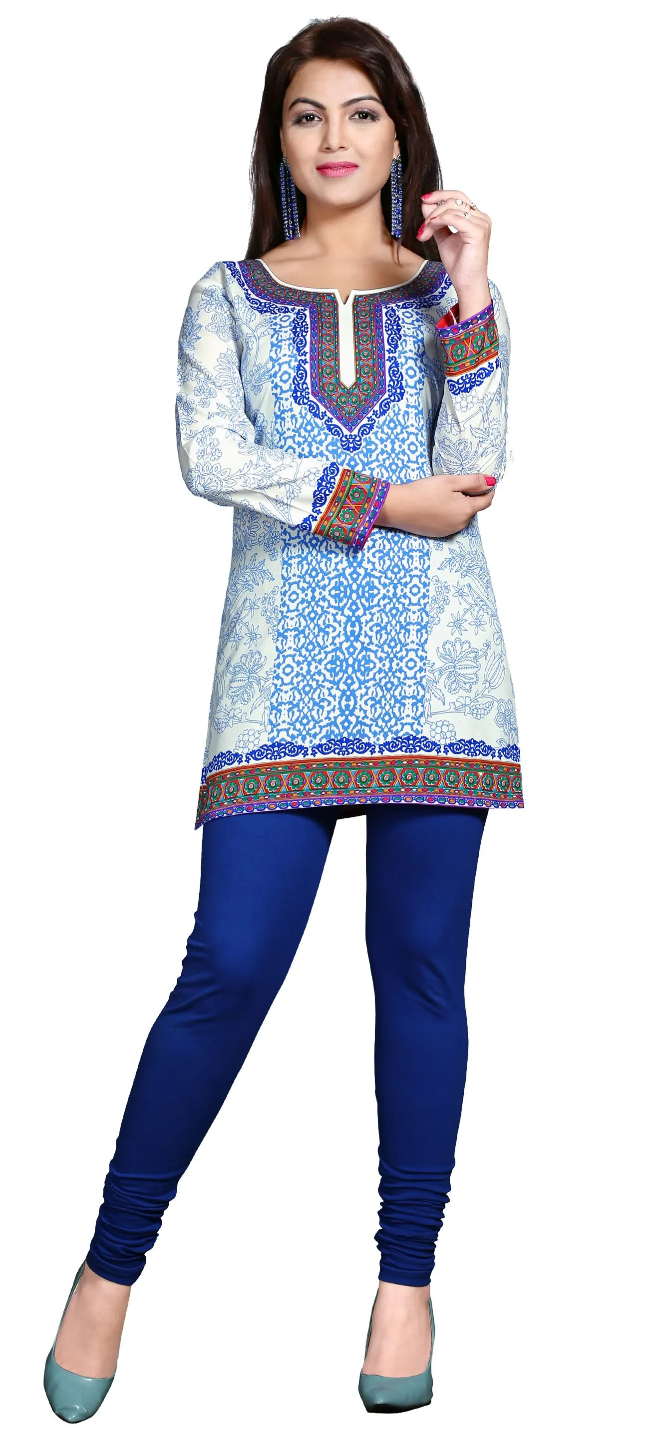 India Tunic Top  Kurti Womens Printed Indian Clothing (White)