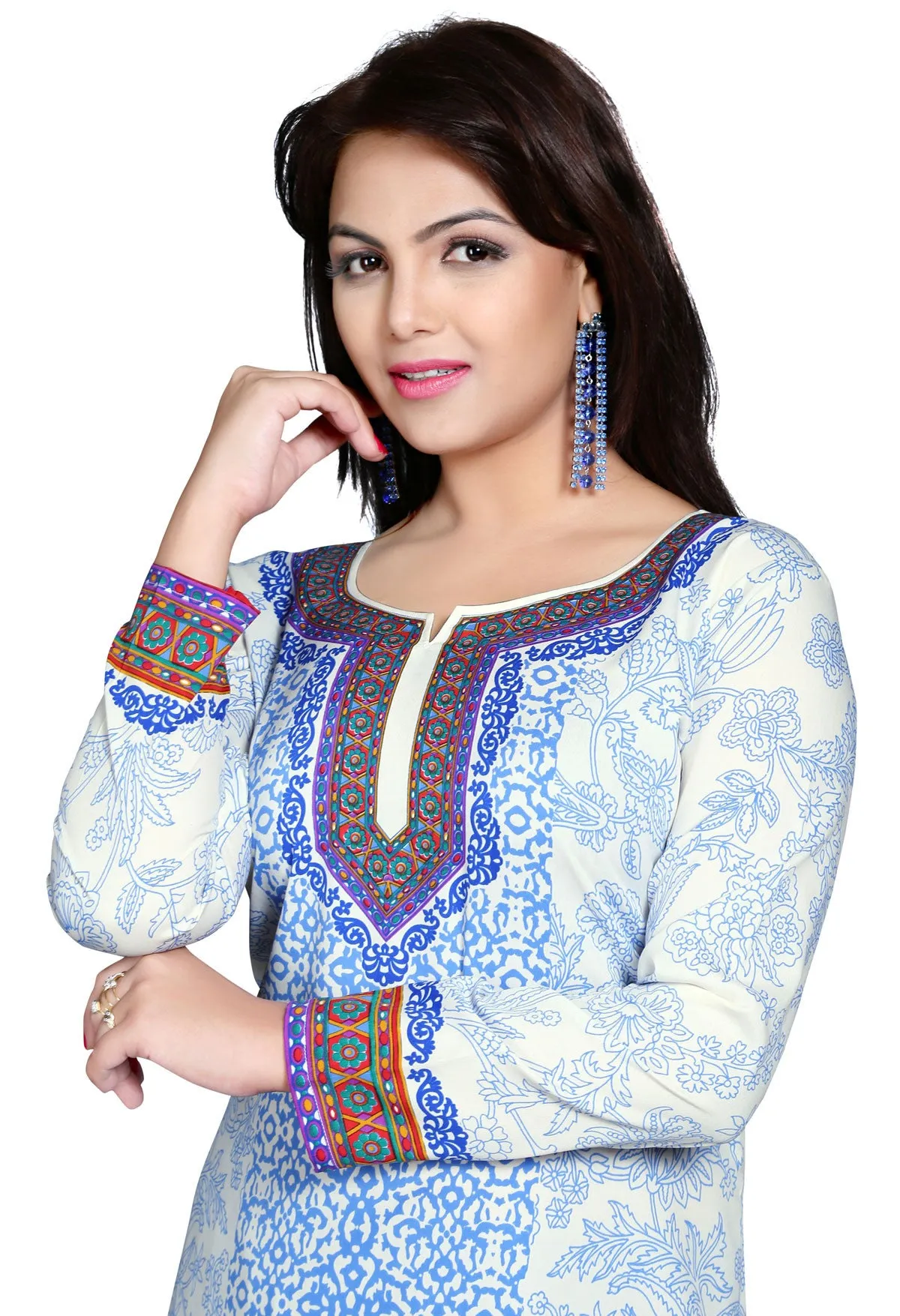 India Tunic Top  Kurti Womens Printed Indian Clothing (White)