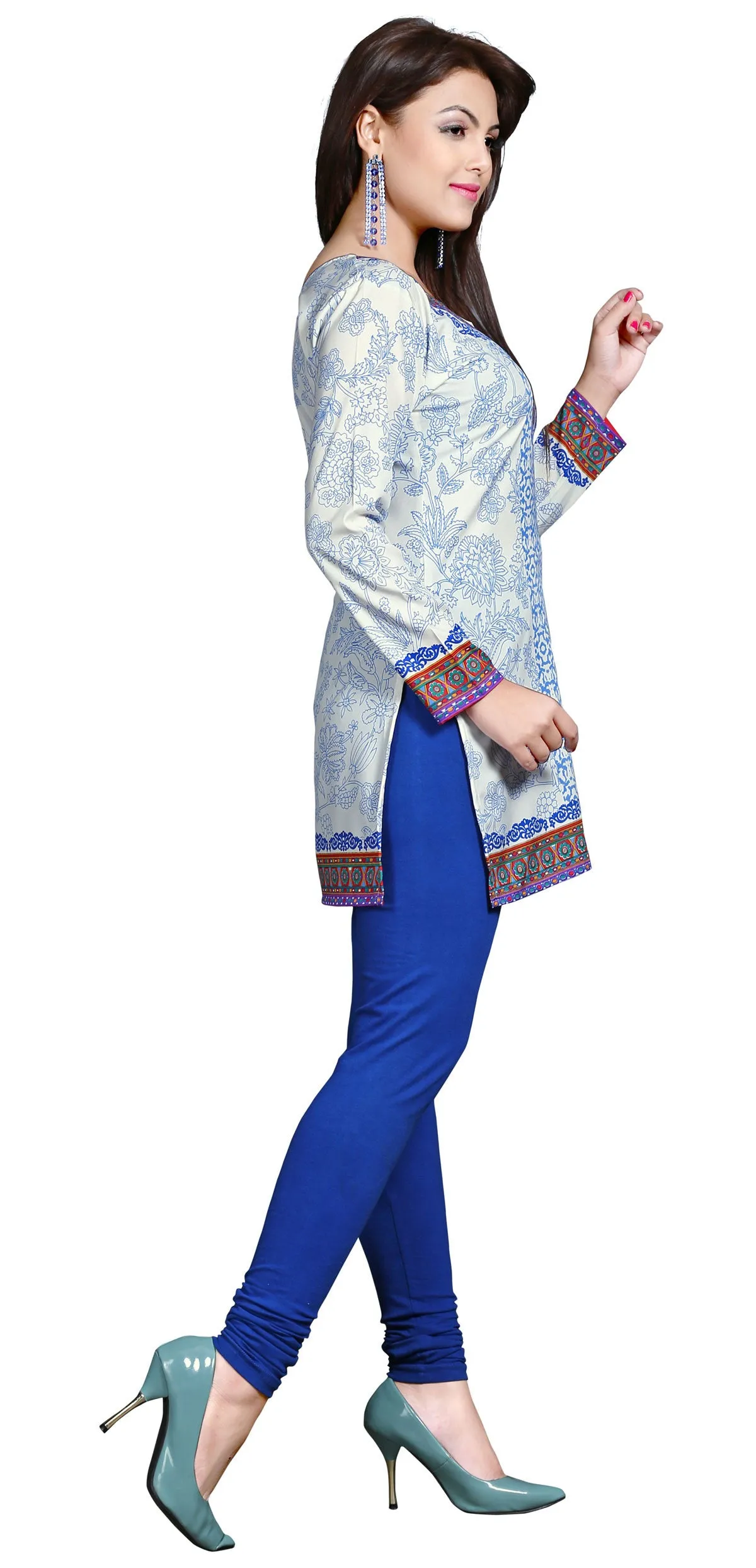 India Tunic Top  Kurti Womens Printed Indian Clothing (White)