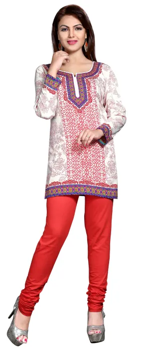 India Tunic Top Long  Kurti Womens Printed Indian Clothing (Off-White)