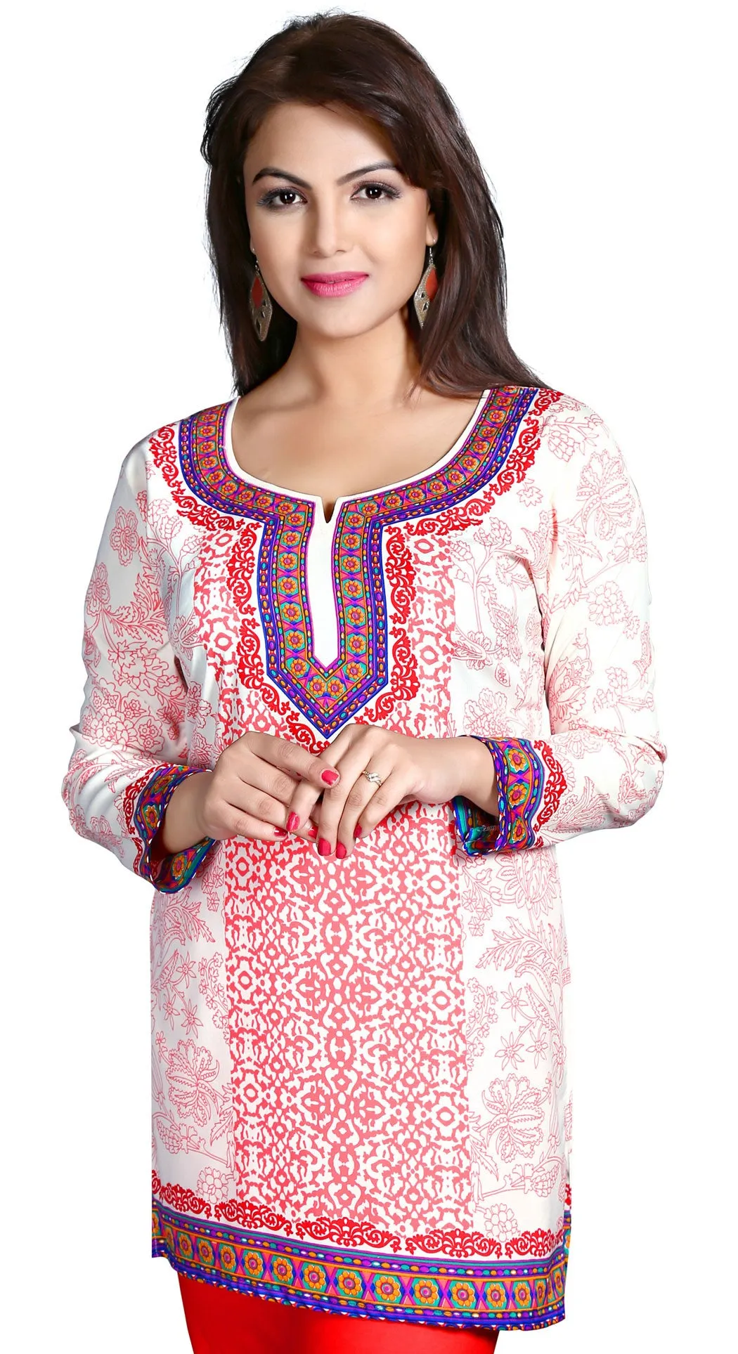 India Tunic Top Long  Kurti Womens Printed Indian Clothing (Off-White)