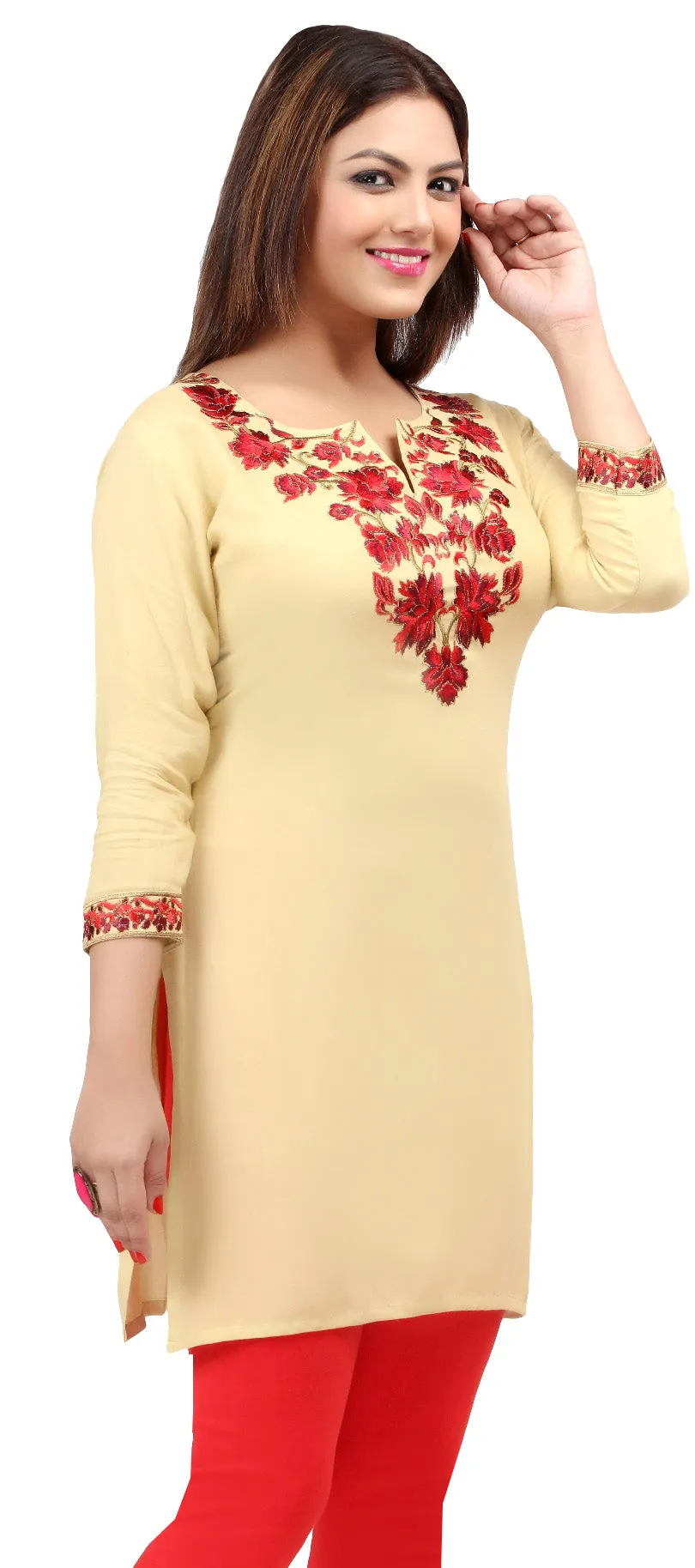 India Women's Tunic Top Kurti Embroidered Clothing (Light Gold)