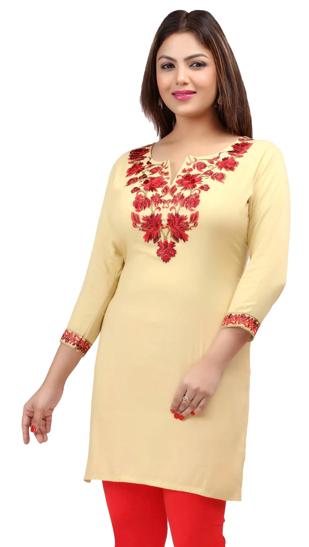 India Women's Tunic Top Kurti Embroidered Clothing (Light Gold)