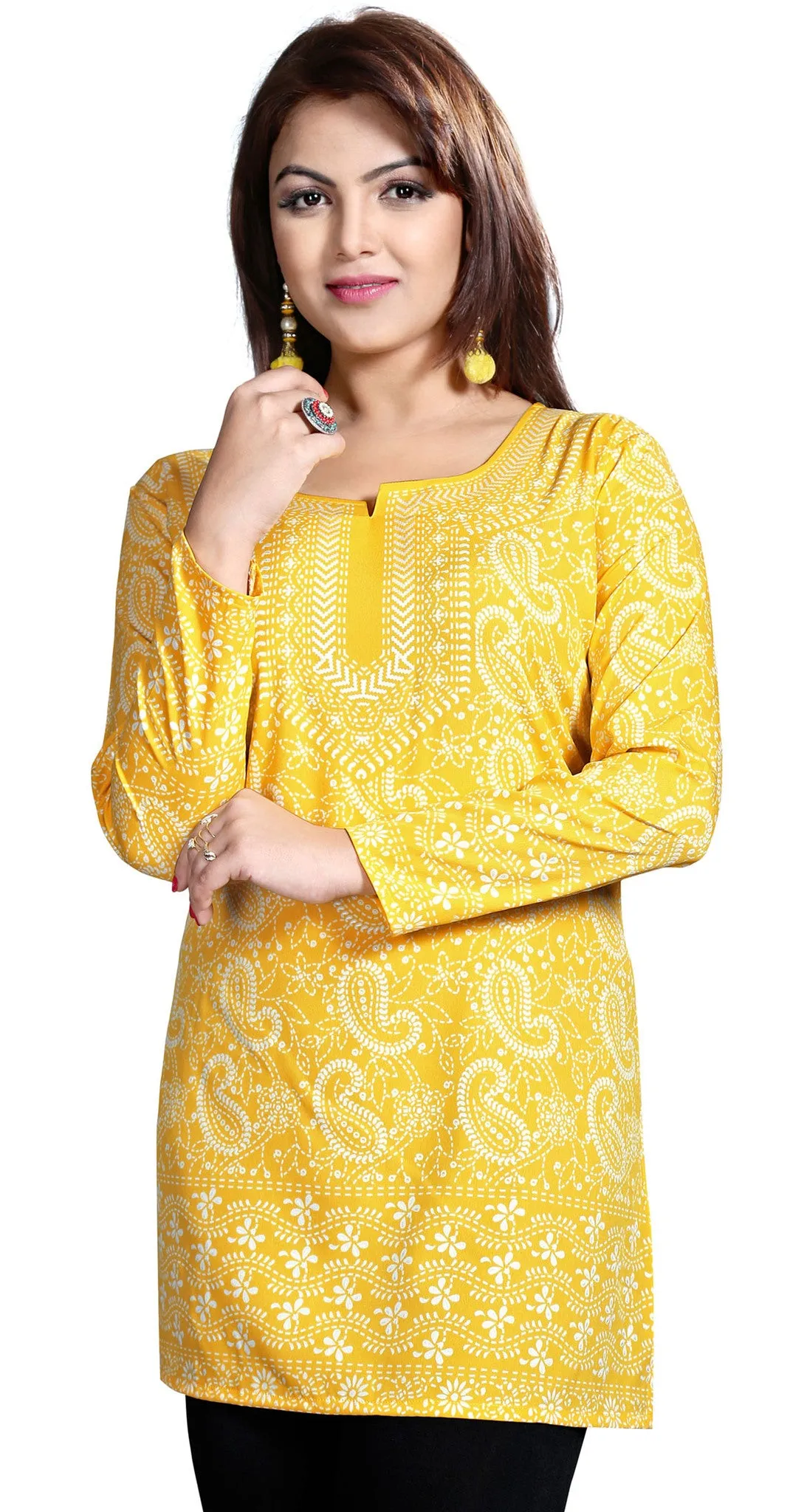 Kurti Top Long Tunic Womens Printed Blouse India Clothing (Yellow)