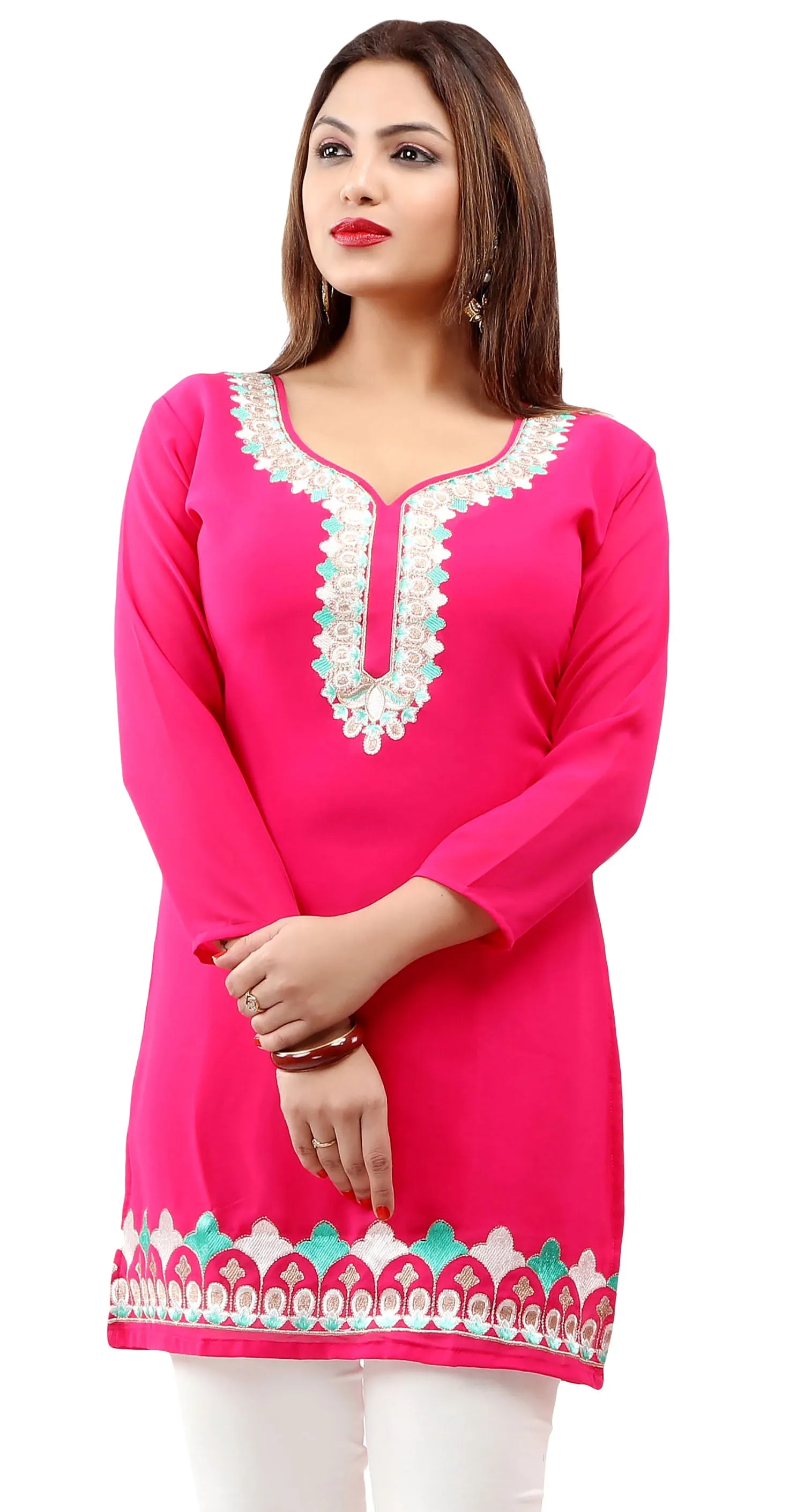 Kurti Top Tunic Blouse Women's Embroidered India Clothing (Pink)