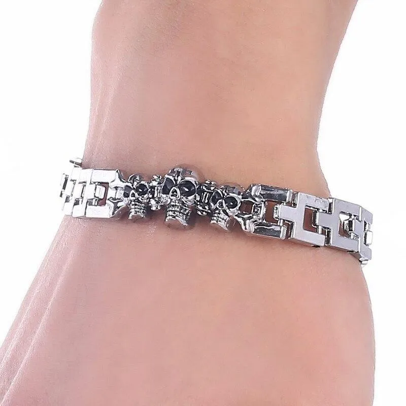 Large Stainless Steel Silver Skull Charm Bracelet