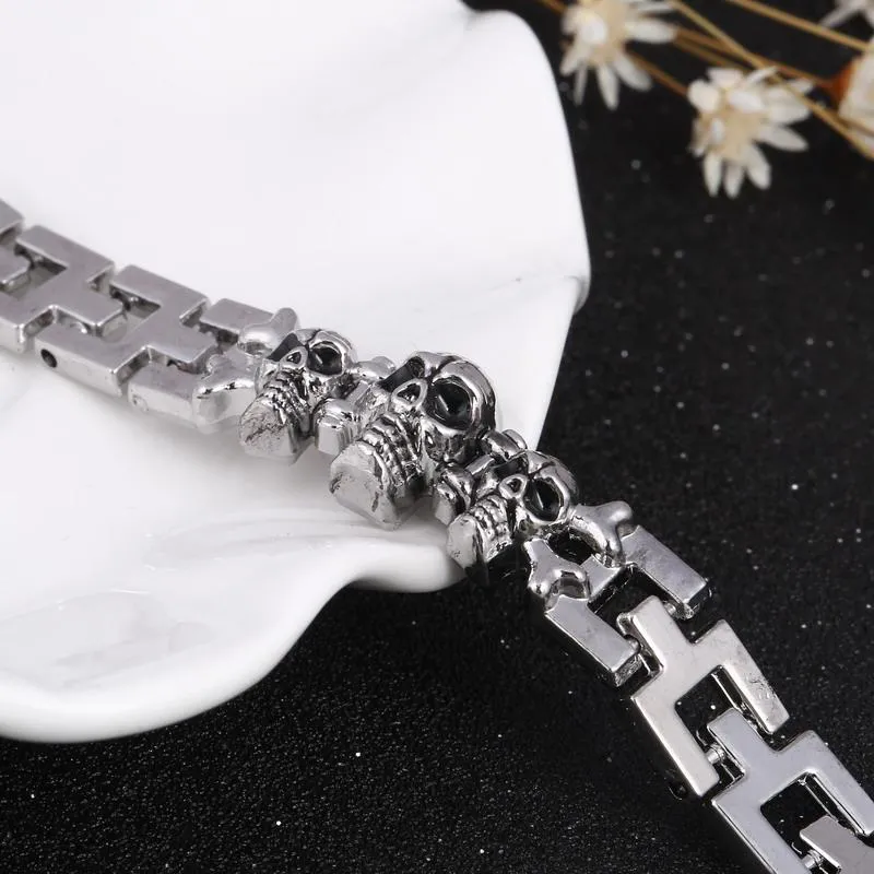 Large Stainless Steel Silver Skull Charm Bracelet