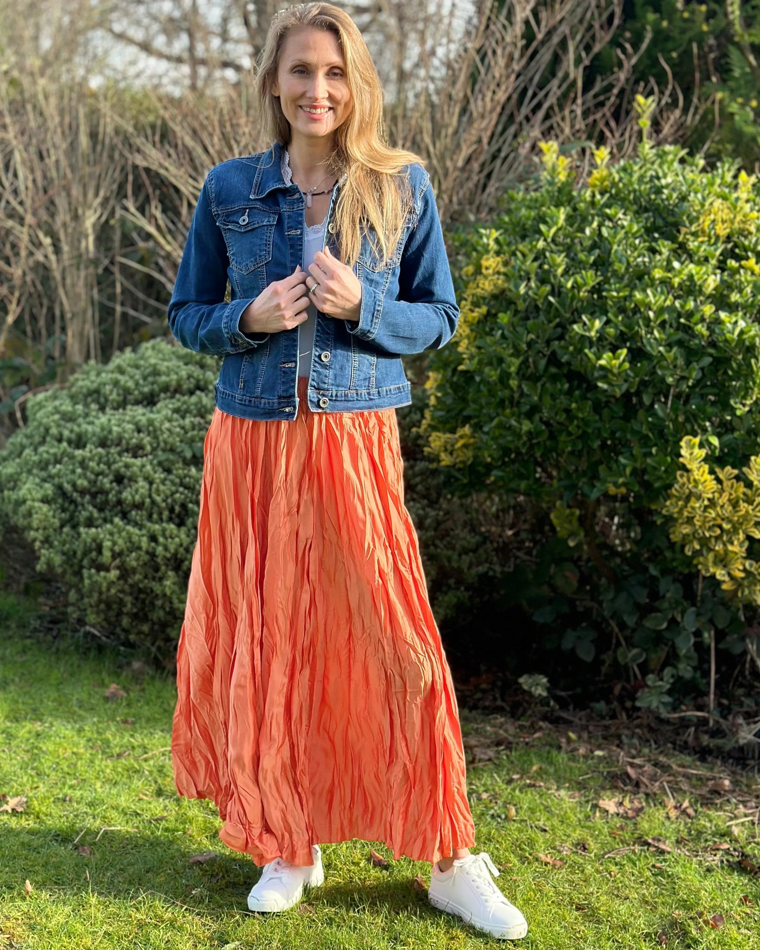 Long Crinkle Satin Skirt - Orange