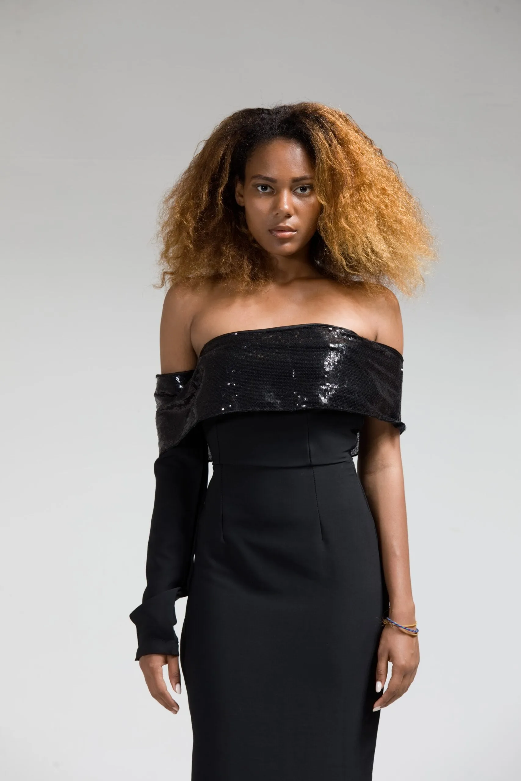 Lydia Black Off Shoulder Crepe Dress