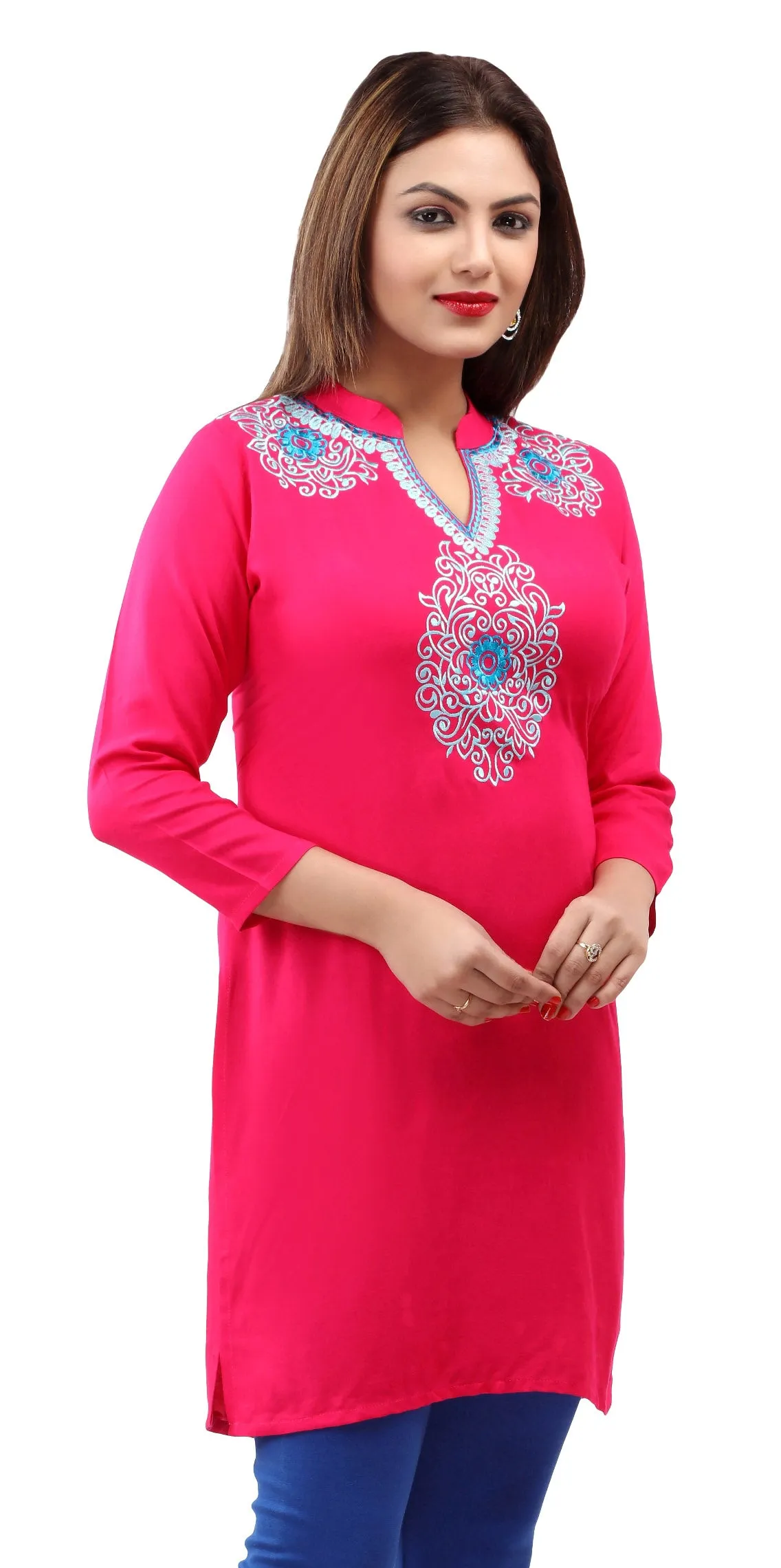 Maple Clothing India Women's Tunic Top Embroidered Kurti (Pink)