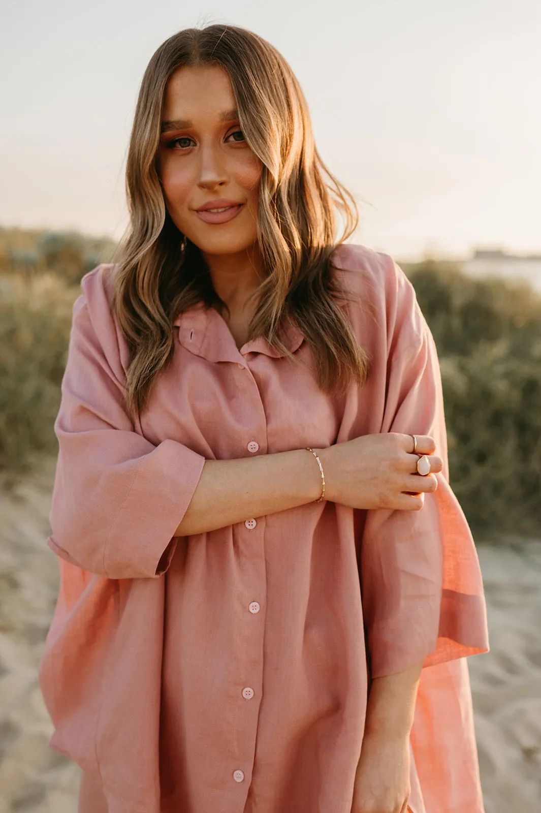 Margot Oversized Linen Shirt Dress in Old Rose